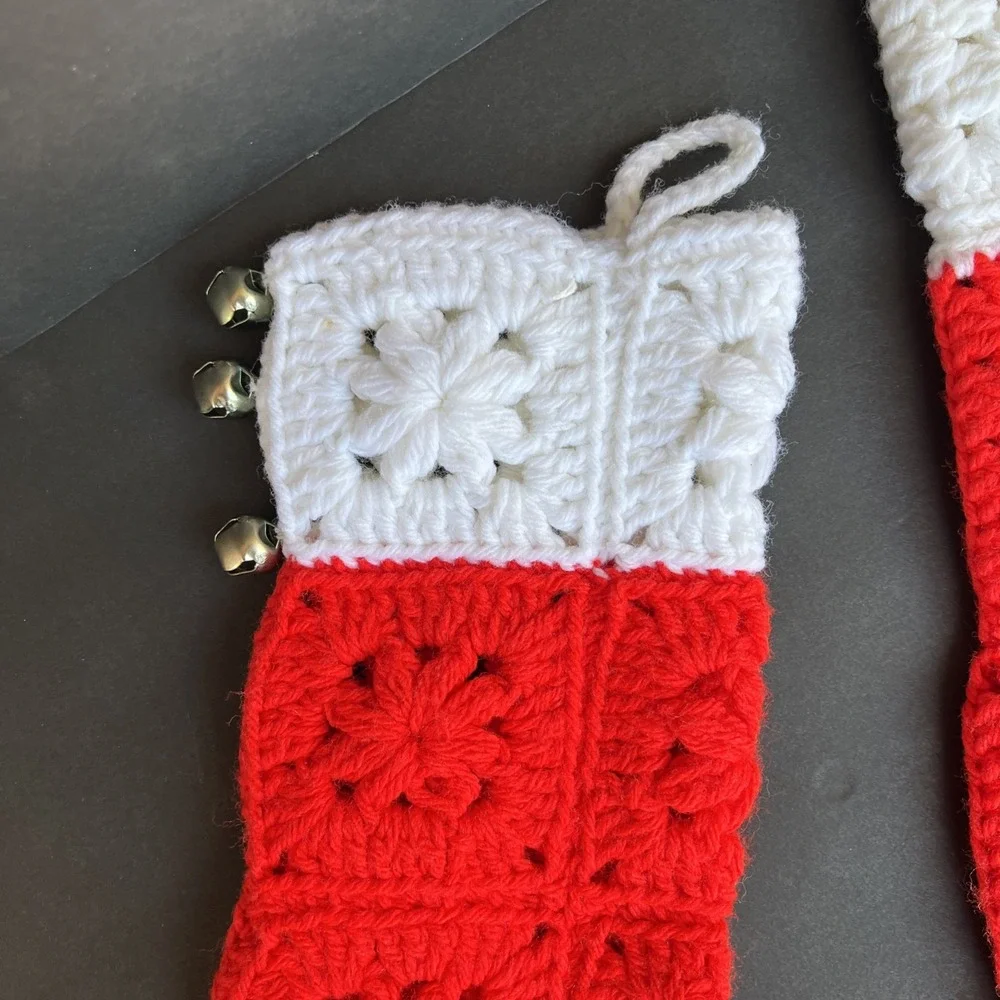 VTG Crochet Christmas Stockings Pair Red White Granny Squares Handmade 21